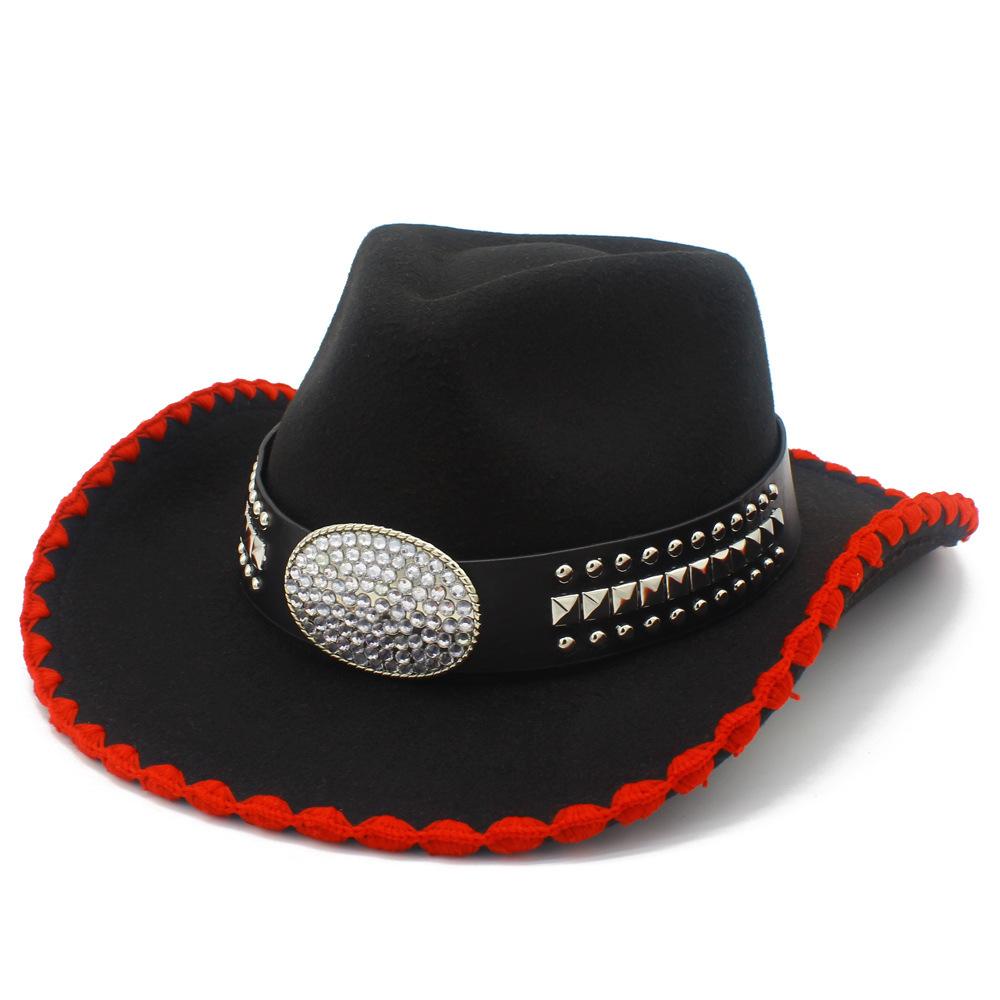 Fashion Contrast Color Personality Design Western Cowboy Hat Rivet Rhinestone Decoration Stage Suction Jazz Hat Versatile Top Hat