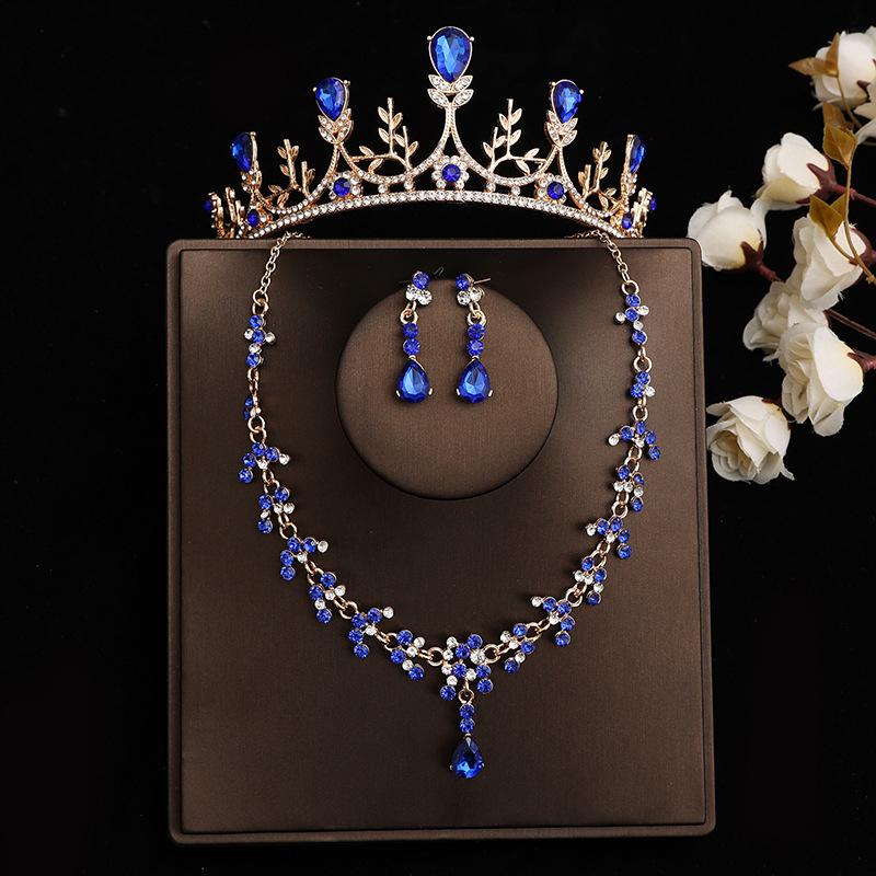 DIEZI Baroque Bridal Rhinestone Crown Tiaras For Women Wedding Princess Queen Blue Crystal Tiaras Necklace Earrings Jewelry Sets