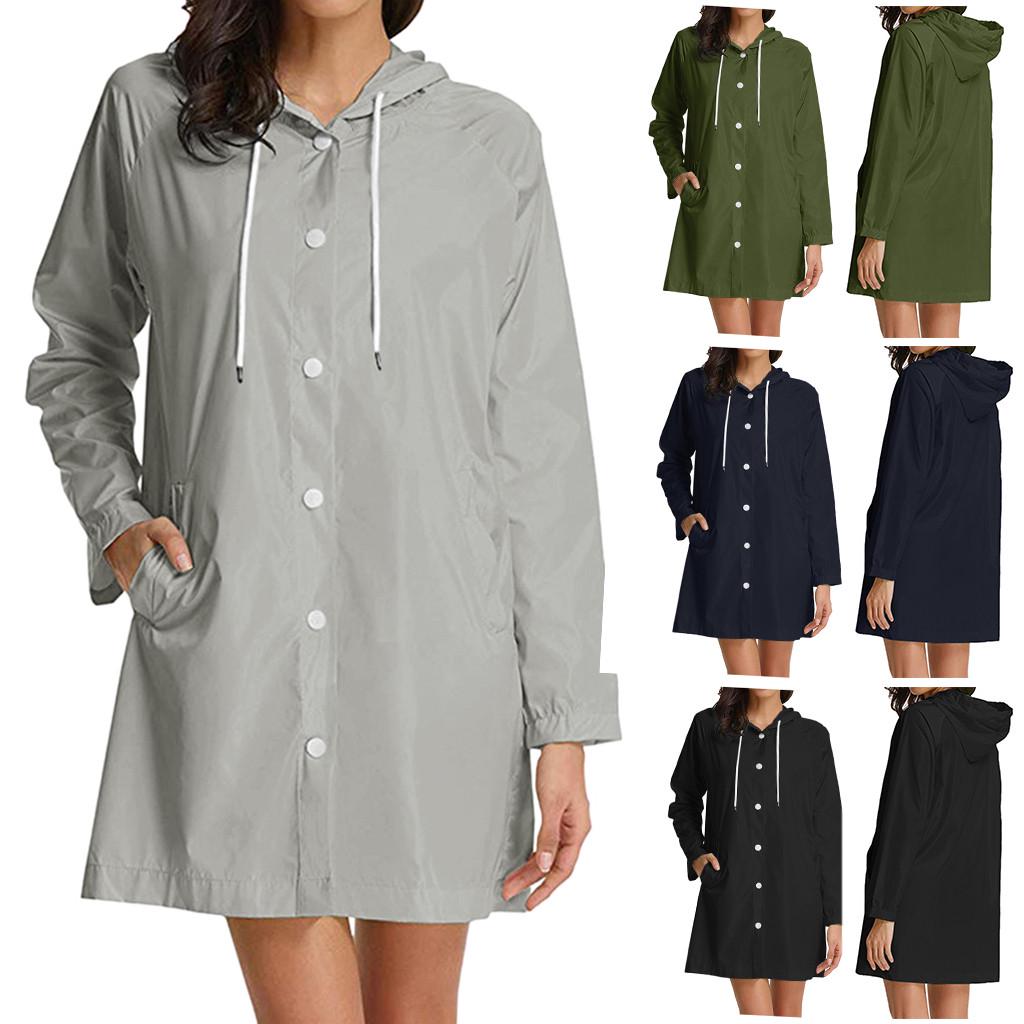 

женщины Твердый дождь Куртка Открытый Плюс Размер водонепроницаемый капюшоном Ветер доказательство Свободное пальто