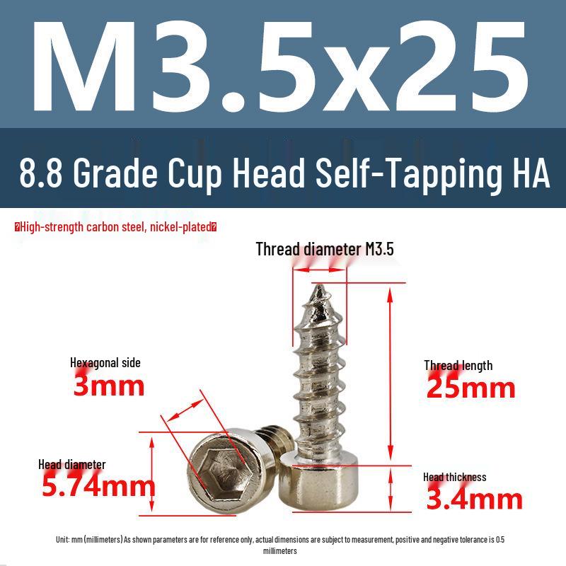 8.8 Grade Round Head Hex Socket Self-Tapping Screws M2-M4 Carbon Steel Bolts