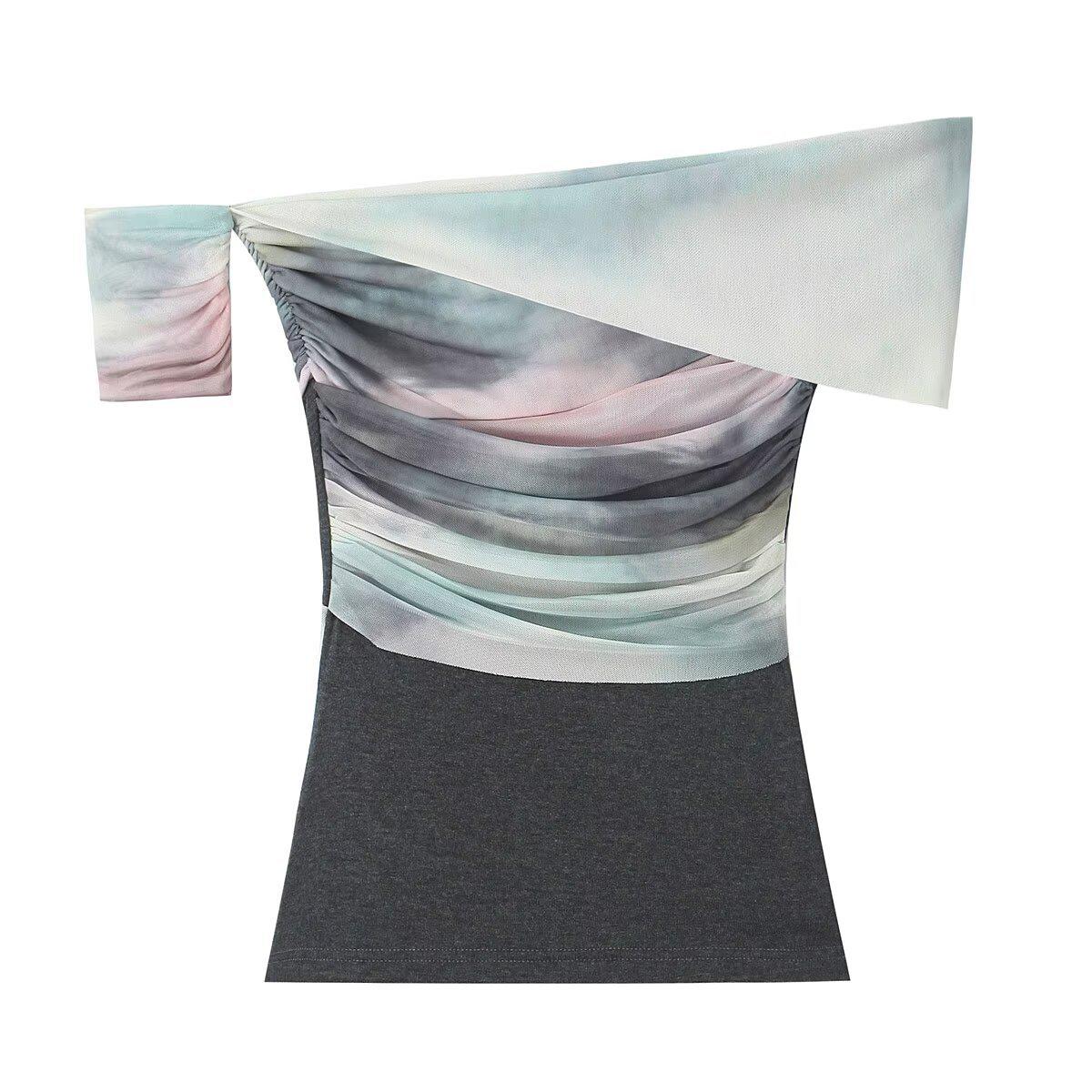 

2024 Winter Women s European & American Style Off-Shoulder Tie-Dye Mesh Knit T-Shirt Small цветочный