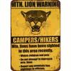 Vintage Mountain Lion Warning Metal Wall Sign Camping Decor