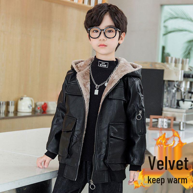 Jungen 2025 Herbst/Winter Koreanischer Stil Plus Samt Lederjacke