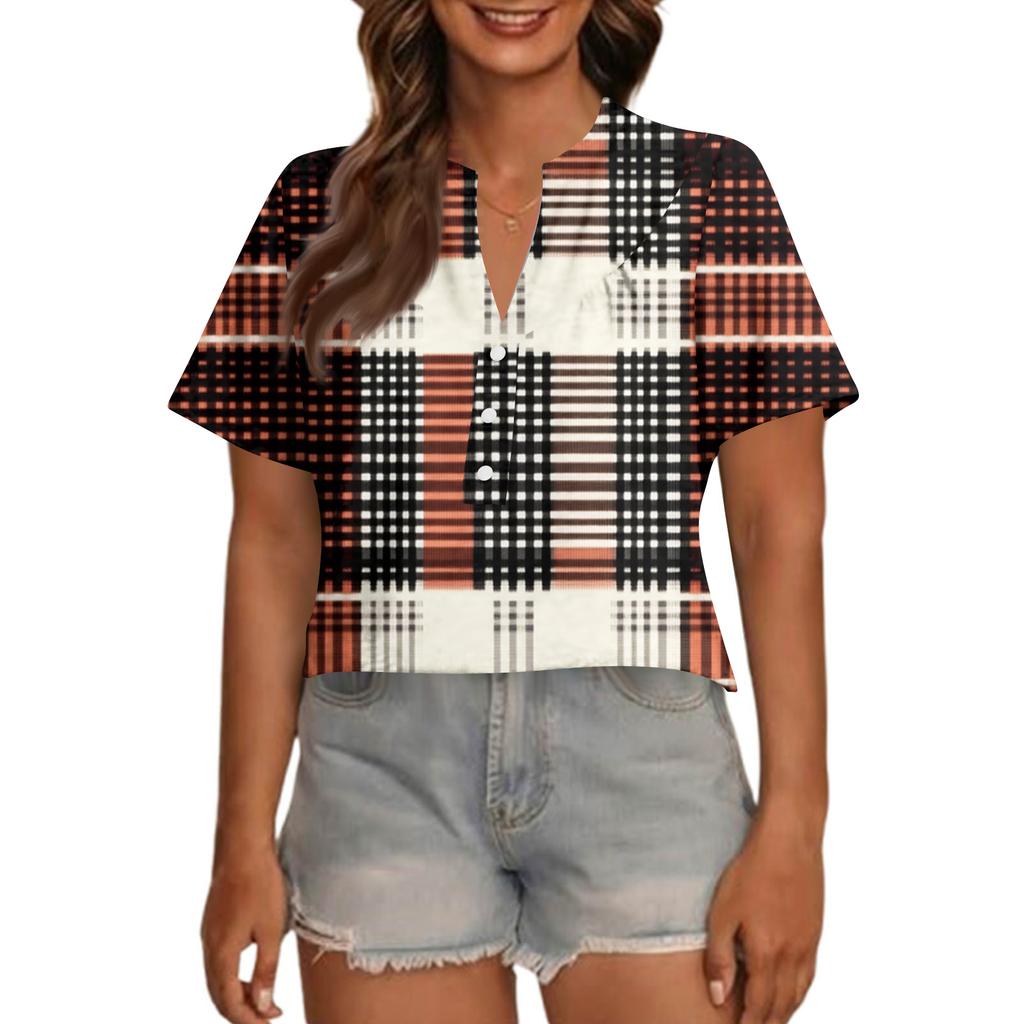 Women's Fashionable Casual V Neck Button Up Oversized Short Sleeve Printed Top