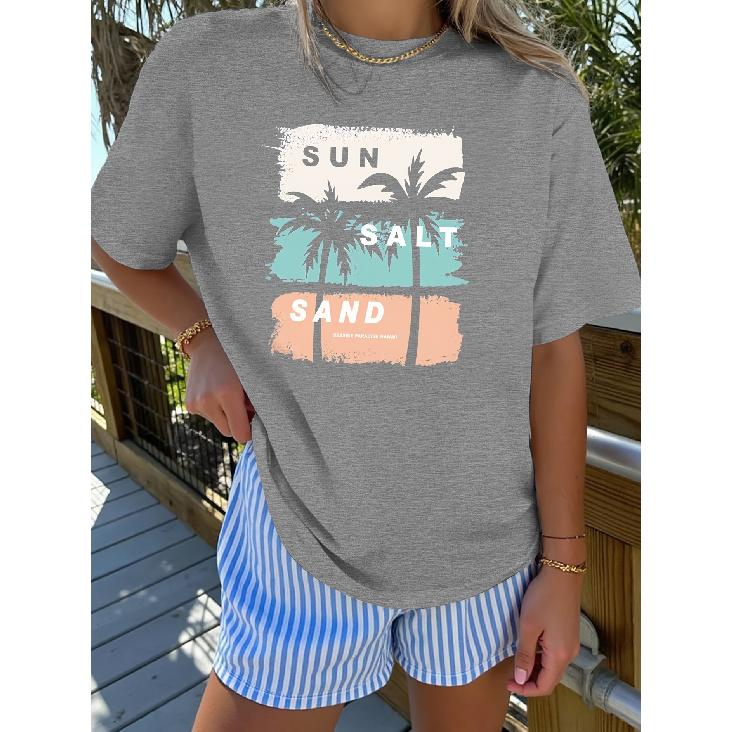 Elegant short-sleeved shirt for women Hawaiian vacation-themed printed round-neck women's shirt T The shirt is suitable for spring and summer