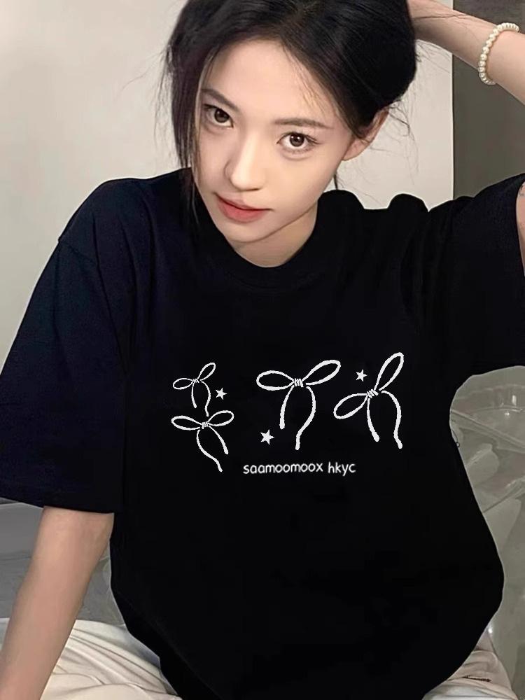 Damen High Street 100% Baumwolle Schleife Kurzarm T-Shirt - Nischendesign Sommeroberteil