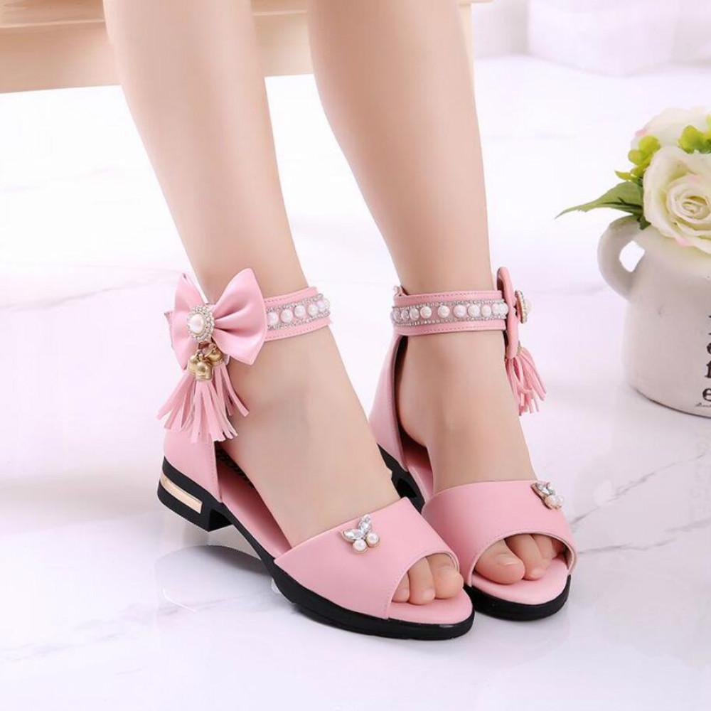 Kids Bow Sandals Children Girls Summer Cute Sandals Beach Princess Fashion High Heels Tassel School Shoes