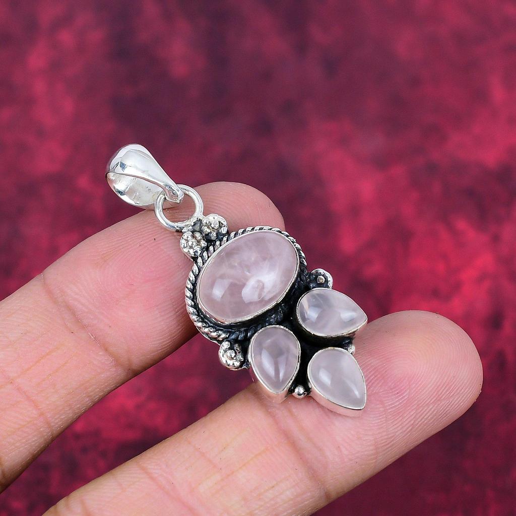 Jóias de quartzo rosa, pingente de prata esterlina sólida 925, joias artesanais com pedras preciosas, presentes para esposa, pingente novo