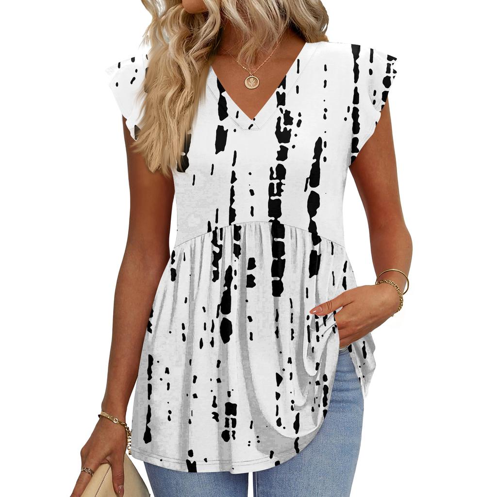 Womens Tops Fashionable V-neck Ruffled Sleeve Short-sleeved T-shirt Business Blouses
