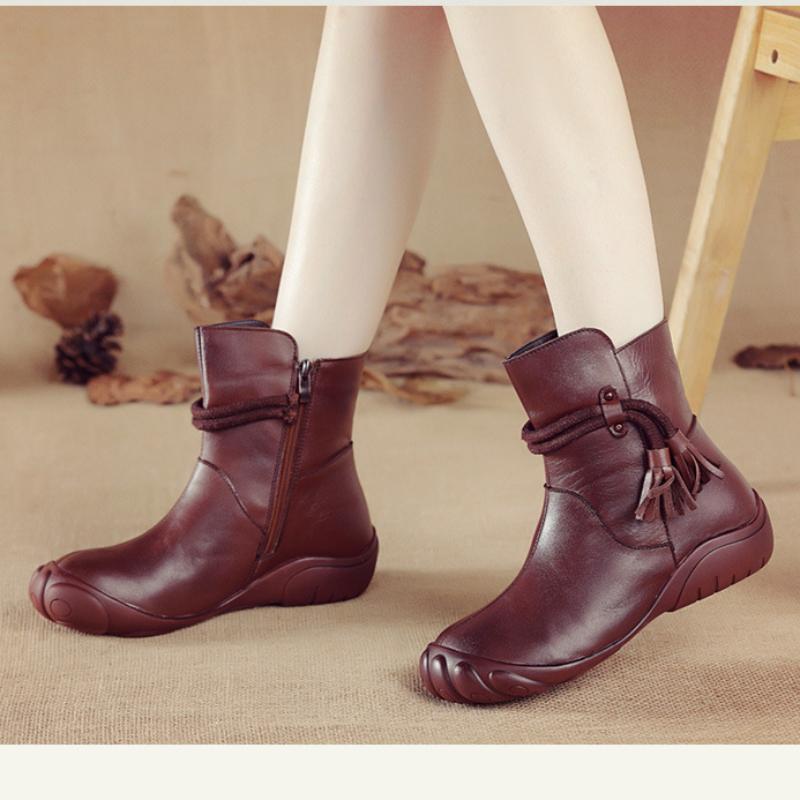 Johnature Women's Short Boots Casual Genuine Leather Solid Color Soft Sole Comfortable Warm Women's Shoes