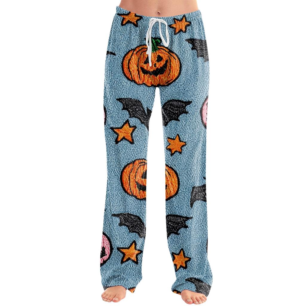 Damen Halloween Print Kordelzug Hose Lässige Lounge Hose Elastische Taille Entspannte Passform Volle Länge Weicher Stoff