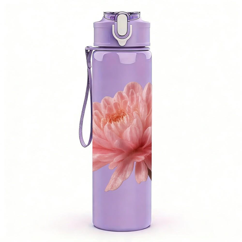 1PC Single Pink Lotus Bloom Art 750ml Color Plastic Sports Water Bottle Leakproof Flip Straw Lid For Sports Office Home Use