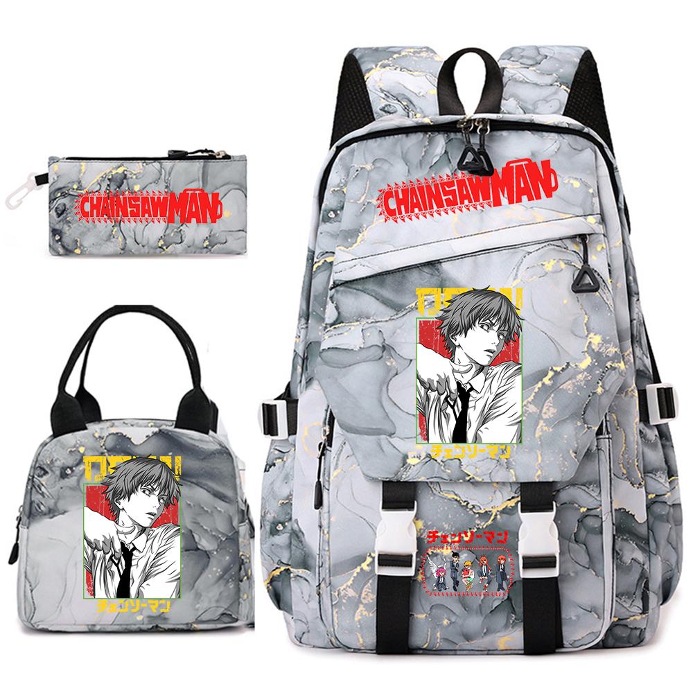 Chainsaw Man Anime Print Student Backpack Set for Girls with Lunch Bag Pencil Case School Daily Use