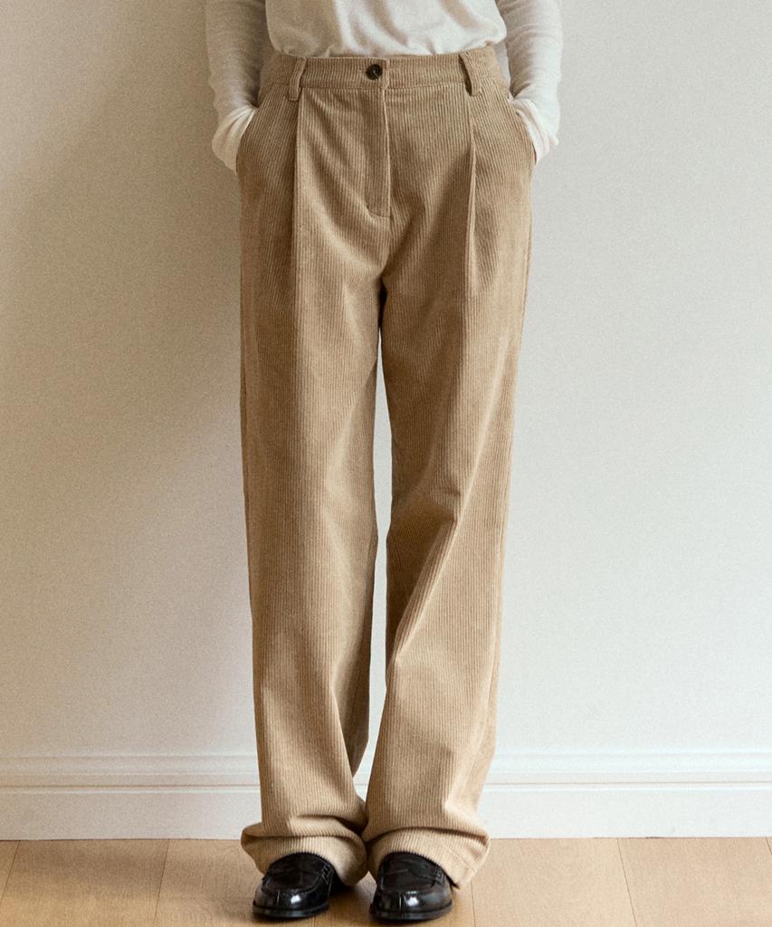 OURHOPE Corduroy One-Pleat Relaxed Pants - Beige