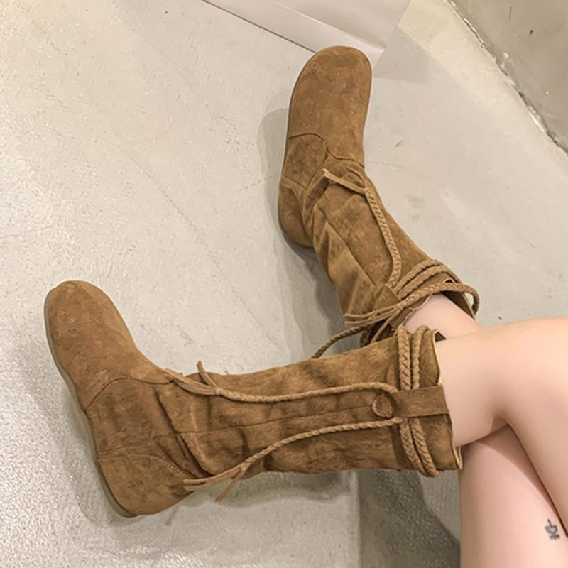 Damen Fransen Schnee High Boots Wildleder Flats Kniehohe Schuhe Plissee Trend Luxusmarke Wintermode Chelsea Goth Boots Mujer