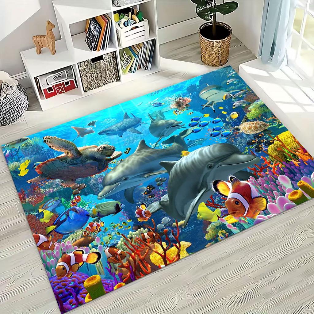 2026 New Underwater World Sea Dolphin Turtle Coral Rug for Bedroom Living Room Sofa Home Doormat Decor,Kids Non-slip Floor Mat