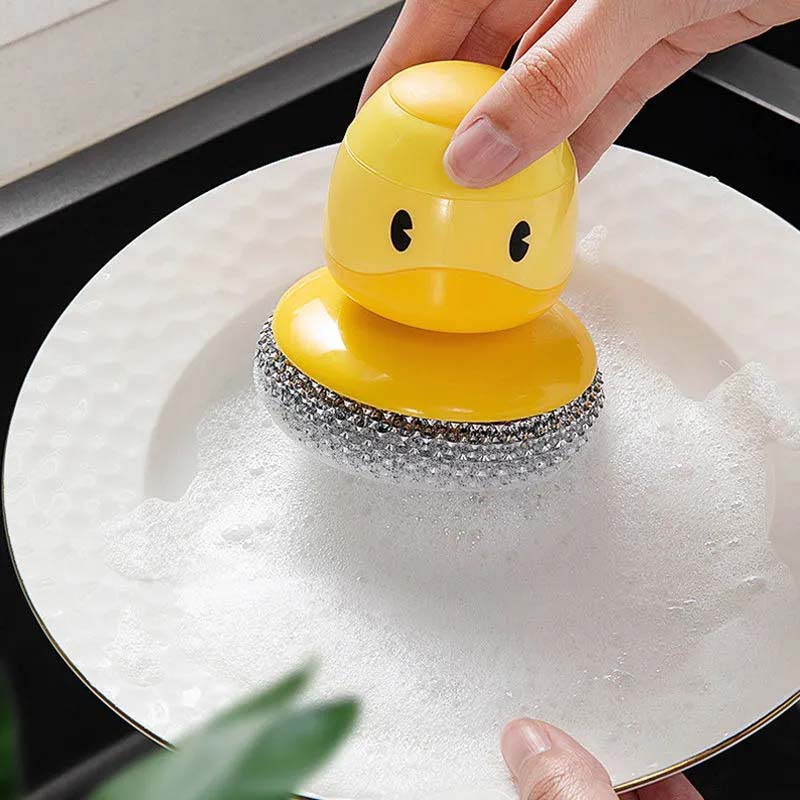 Little Yellow Duck Steel Ball Brush Hangable Squeeze Pot Wash Brushes Press Pan Bowl Brush Kitchen Cleaning Dish Bowl Cleaner Household Cleaning Tools