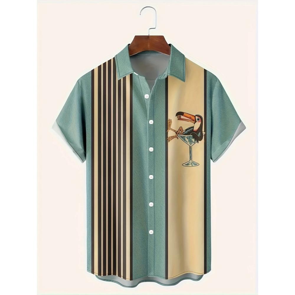 Summer 2025 Men's Short-sleeved Shirt With Black And White Stripes And Collection Pattern Print Single-breasted Fashion Shirt