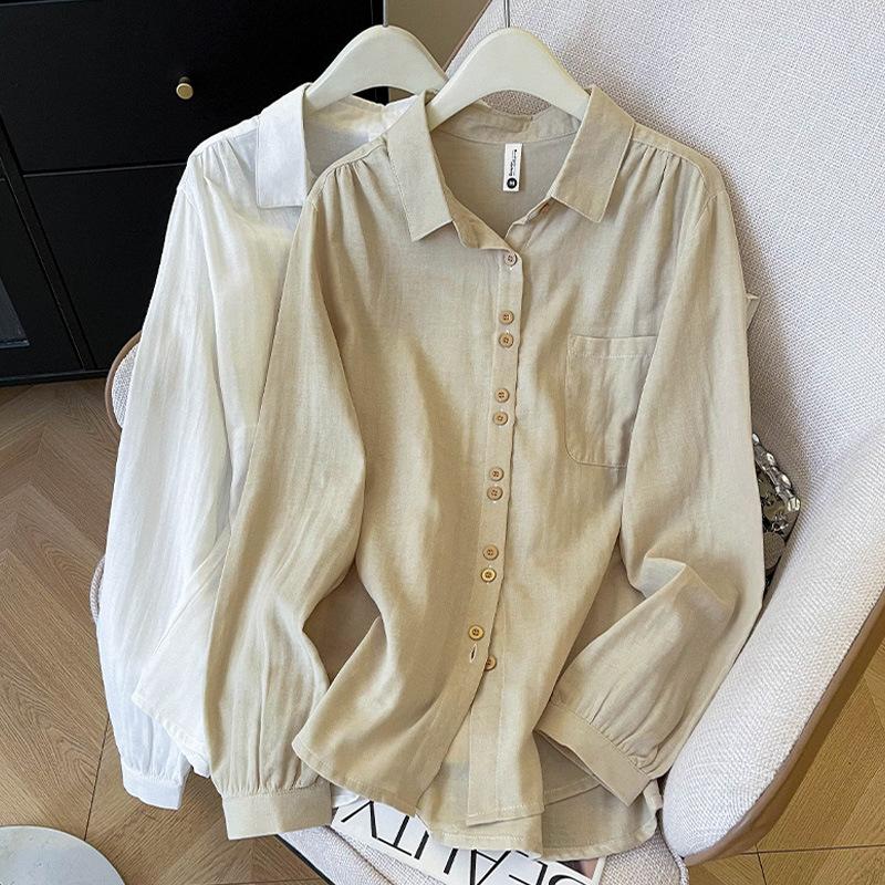 Literary and artistic style double-layer cotton yarn cotton shirt, simple design sense, spring and summer new breathable loose lapel long-sleeved top