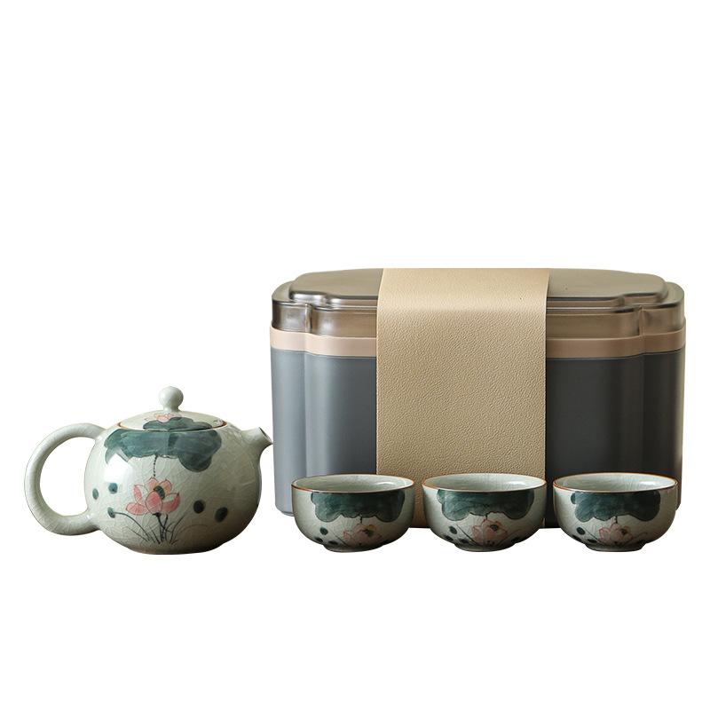 Hand-Painted Teapot, One Pot, Three Cups, Ge Kiln Ice Crack Glaze, Ceramic Kung Fu Tea Set, High-End Travel Storage Gift Box