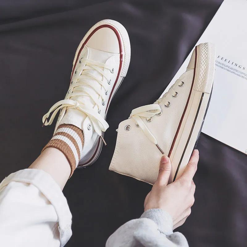 Women's Black High-Top Canvas Sneakers, Classic Retro Lace-Up Casual Shoes Non-Slip Rubber Sole, Comfortable Breathable Canvas Upper