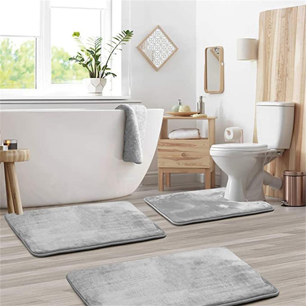 3pc Bathroom Set Rug Mat Toilet Lid Cover Plain Solid Color Bathmats