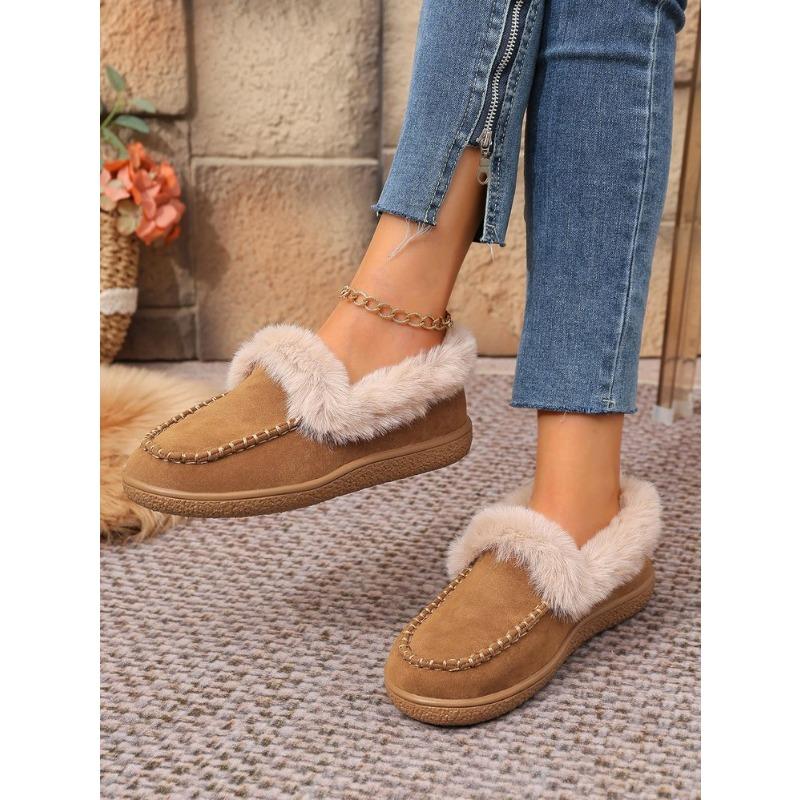 Women's Plus Size Furry Cuff Flat Cotton Shoes Autumn Winter Fleece Lined Warm Slip on Shoes