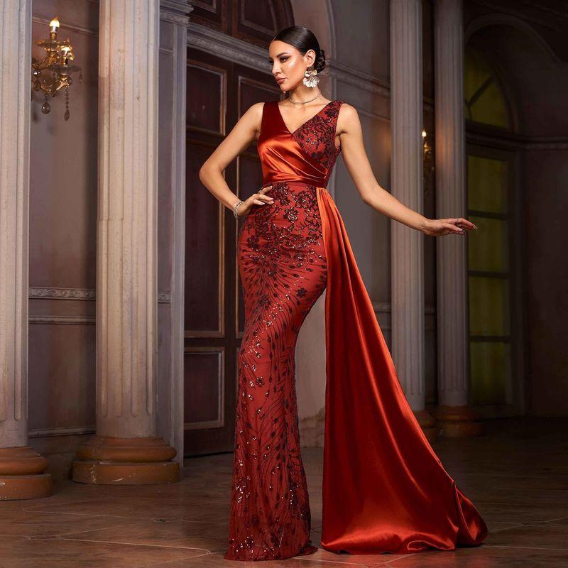 European Long Dresses New Style European and American Style Sexy Tall Women Wedding Formal Dresses Long Maix Orange-Red European Size Is Too Large S