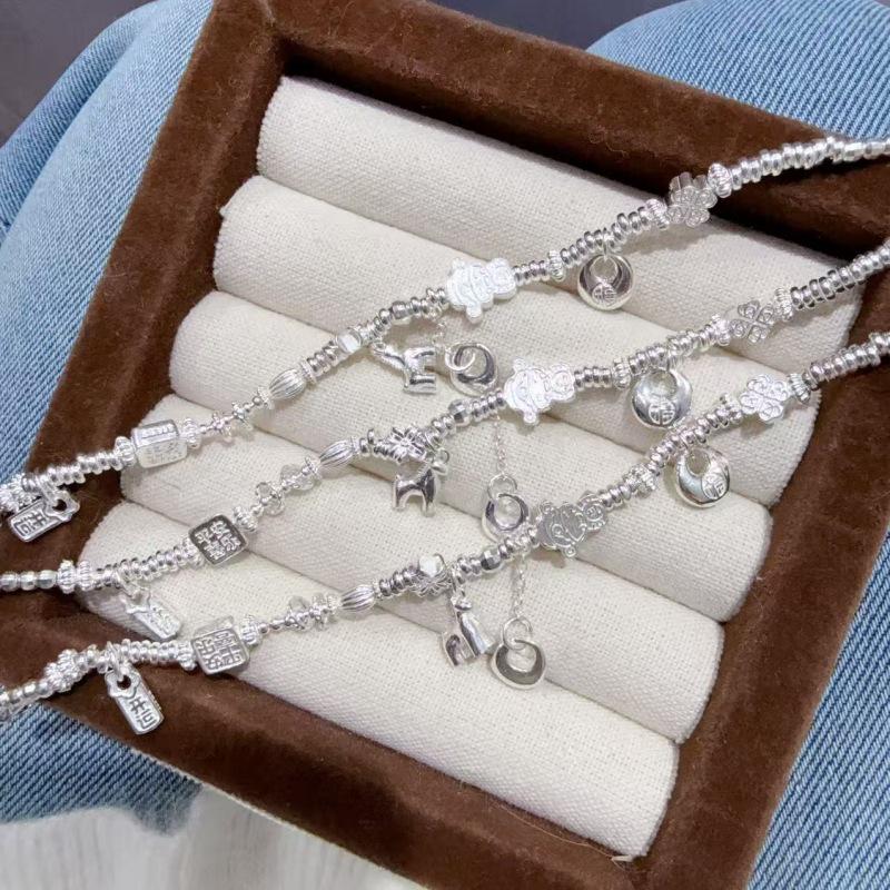 999 Sterling Silver Fortuna Bracelet: Auspicious Wealth & Joy Charm in National Tide Style for Girlfriend Beaded