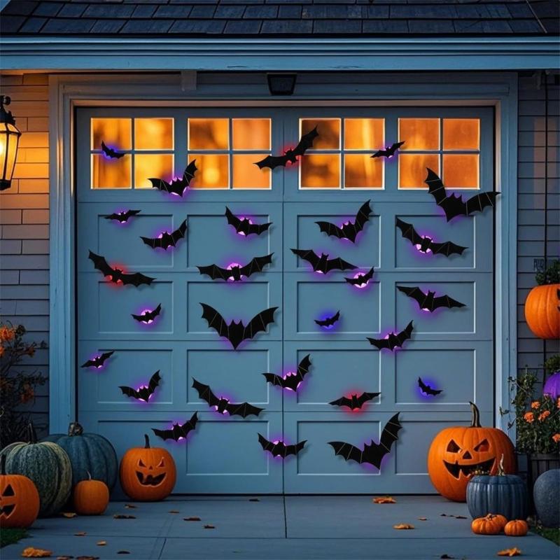 24PCS Eerie Bat/Spiders Shape Wall Sticker With LED Light Effect Mysterious Halloween Atmospheres Accessories