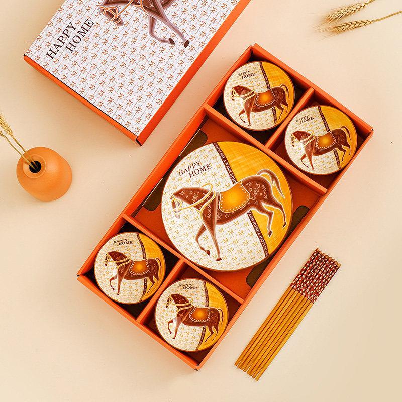 Year of the Horse Ceramic Rice Bowl Set: Includes Bowl, Plate, and Chopsticks - Perfect for Home and Business Gifts