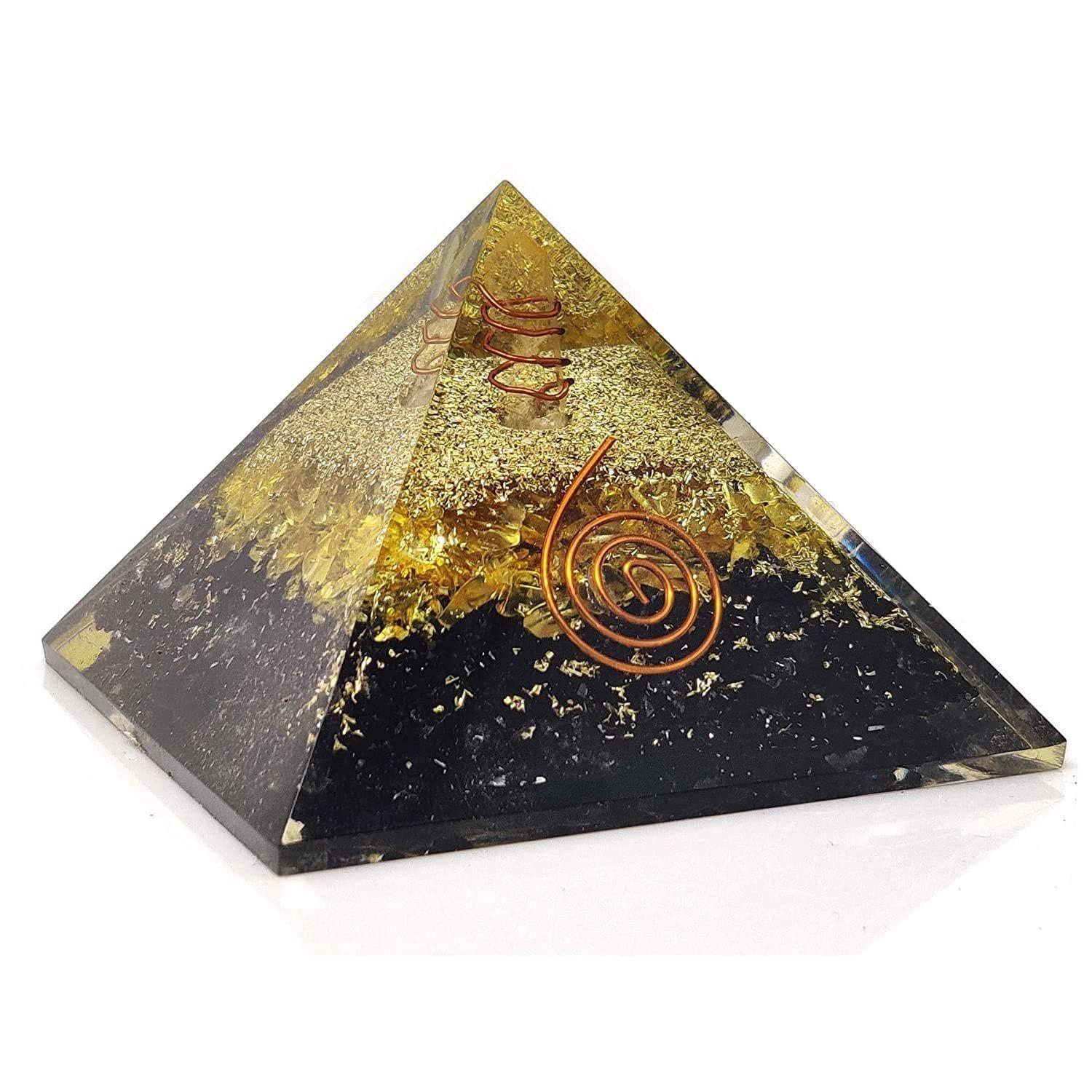 Black Tourmaline Orgone Fantasy Pyramid With Yellow Onyx - Chakra Meditation & Healing Crystal Pyramid