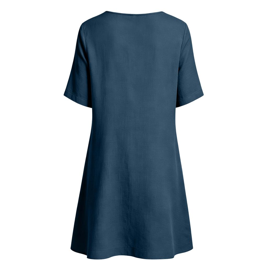 Women's Casual Fashion Dress Round Neck Short Sleeve Dress with Pockets Embroidered Front Panel Relaxed Fit