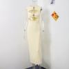 Fashion Sexy Hollow Out Strapless Solid Shell Button Long Dress Women Sleeveless Round Neck Bodycon Evening Party Dress
