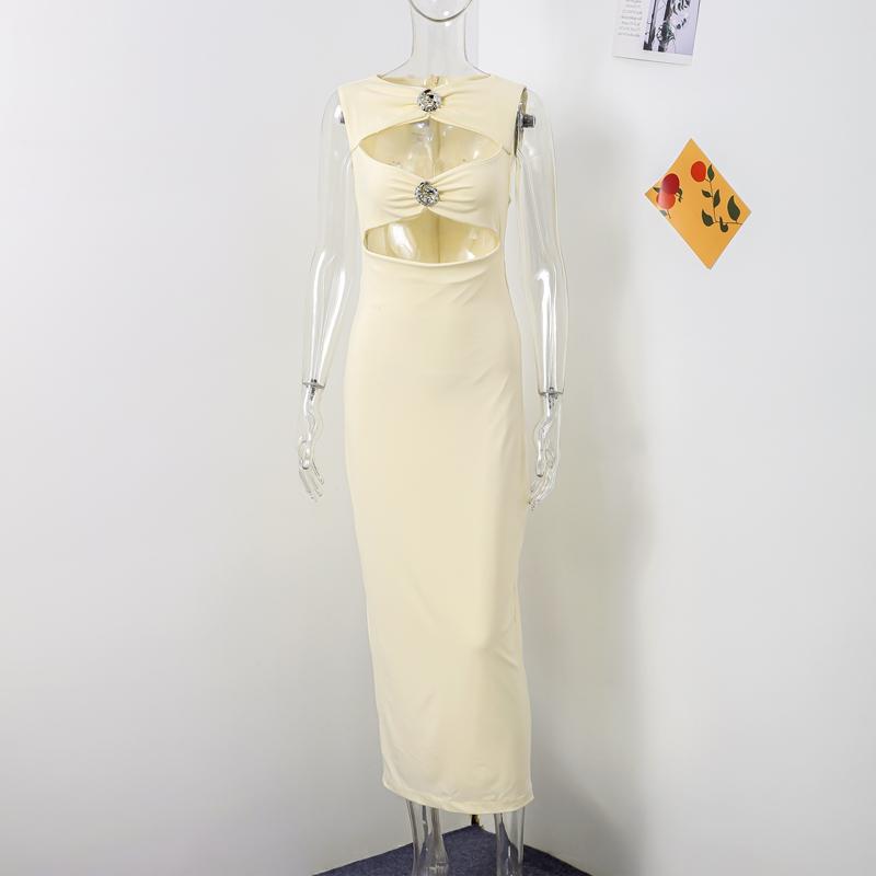Fashion Sexy Hollow Out Strapless Solid Shell Button Long Dress Women Sleeveless Round Neck Bodycon Evening Party Dress