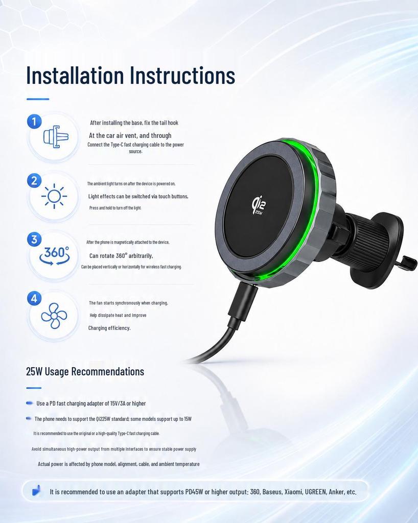 25W Magnetic Wireless Car Charger & Phone Holder Qi2.2 Fast Charging
