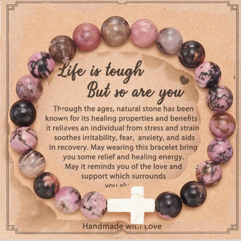 8mm Pink Zebra Stone Bead Bracelet with Gift Card: Perfect Holiday Friendship & Love Gift for Men & Women