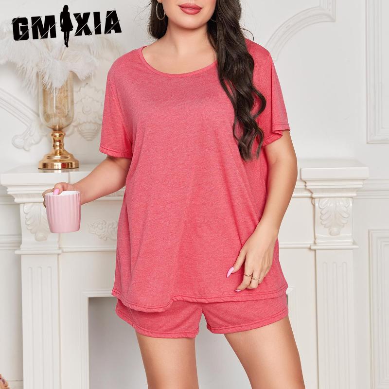 GMXIA Large Size Pajamas Women Summer Solid Colour Loose Casual Short Sleeves and Shorts Two-piece Homewear