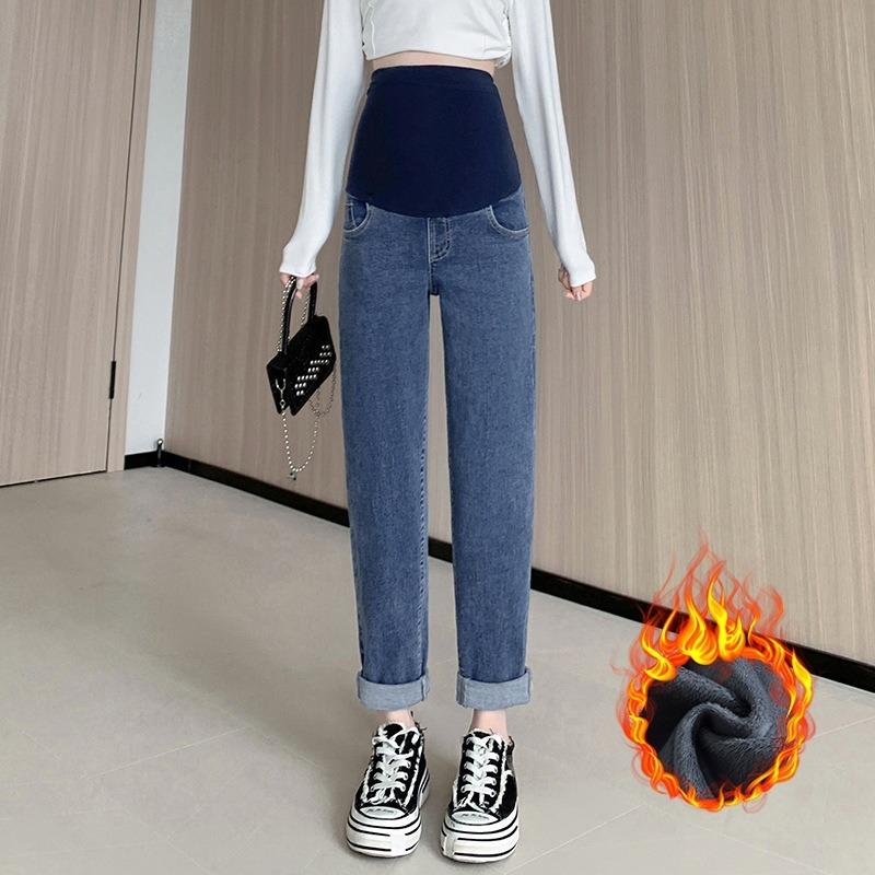 8 Pregnant women fleece elastic jeans Winter dad pants Thickened thermal belly support pants Casual trousers outside