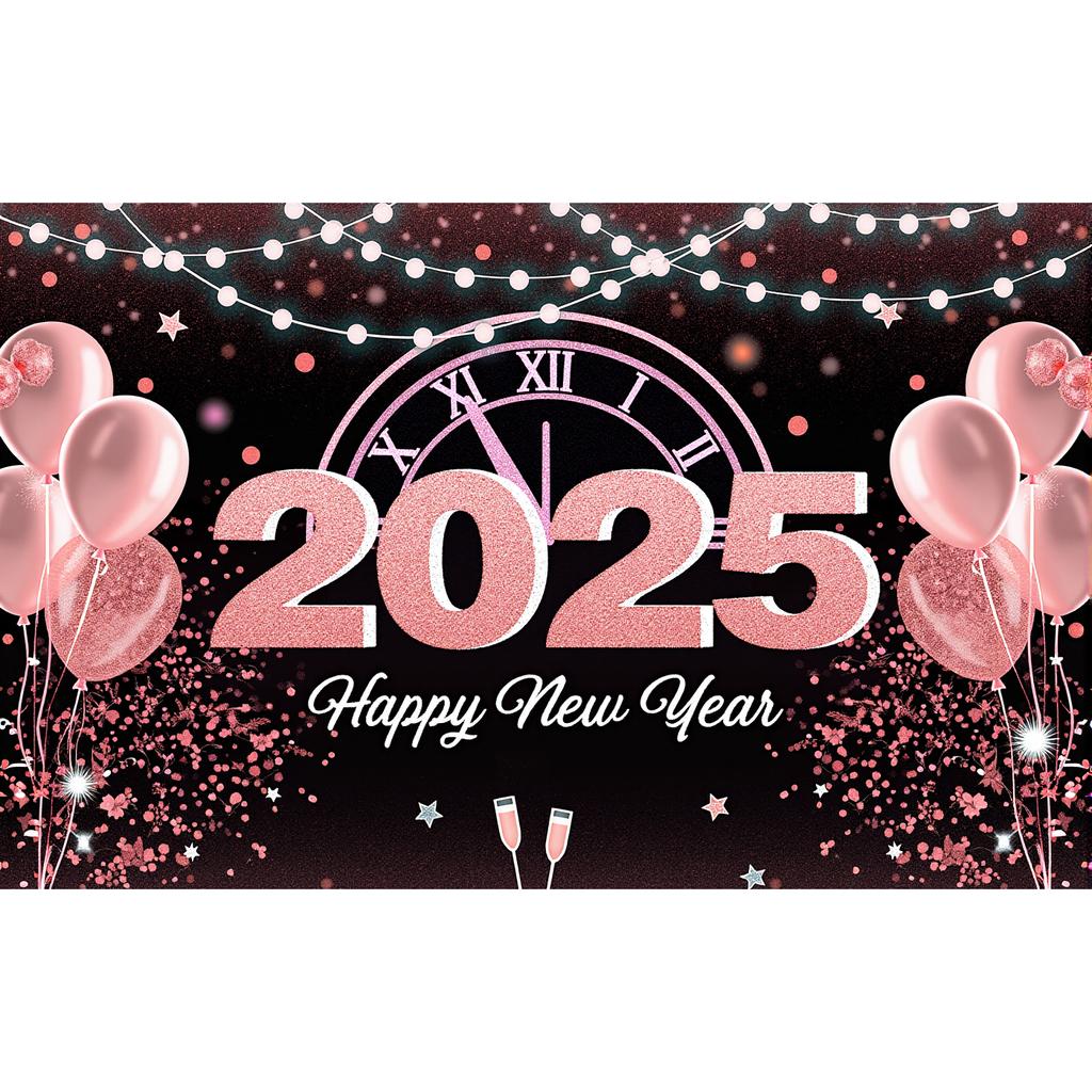 2025 Happy New Year Pink Theme Party Background Clock Balloons Family Party Banner Home Decoration Photography Background New In