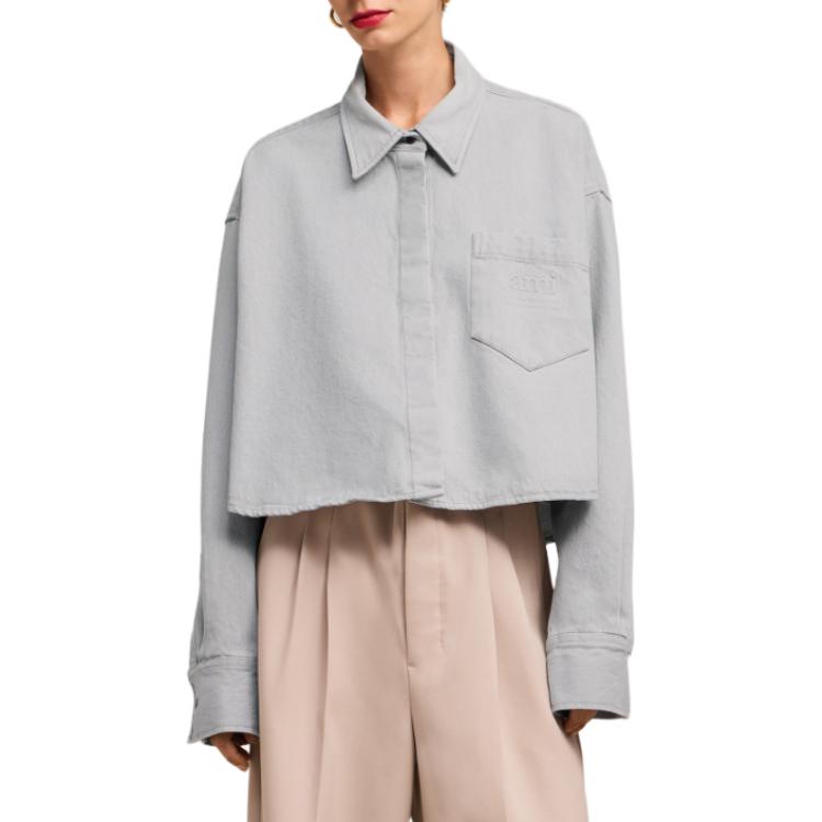 Amiparis Comfortable Denim Short Button-Up Long Sleeve Shirt With Letter Embossing Women shirts Gray FSH134.DE0028