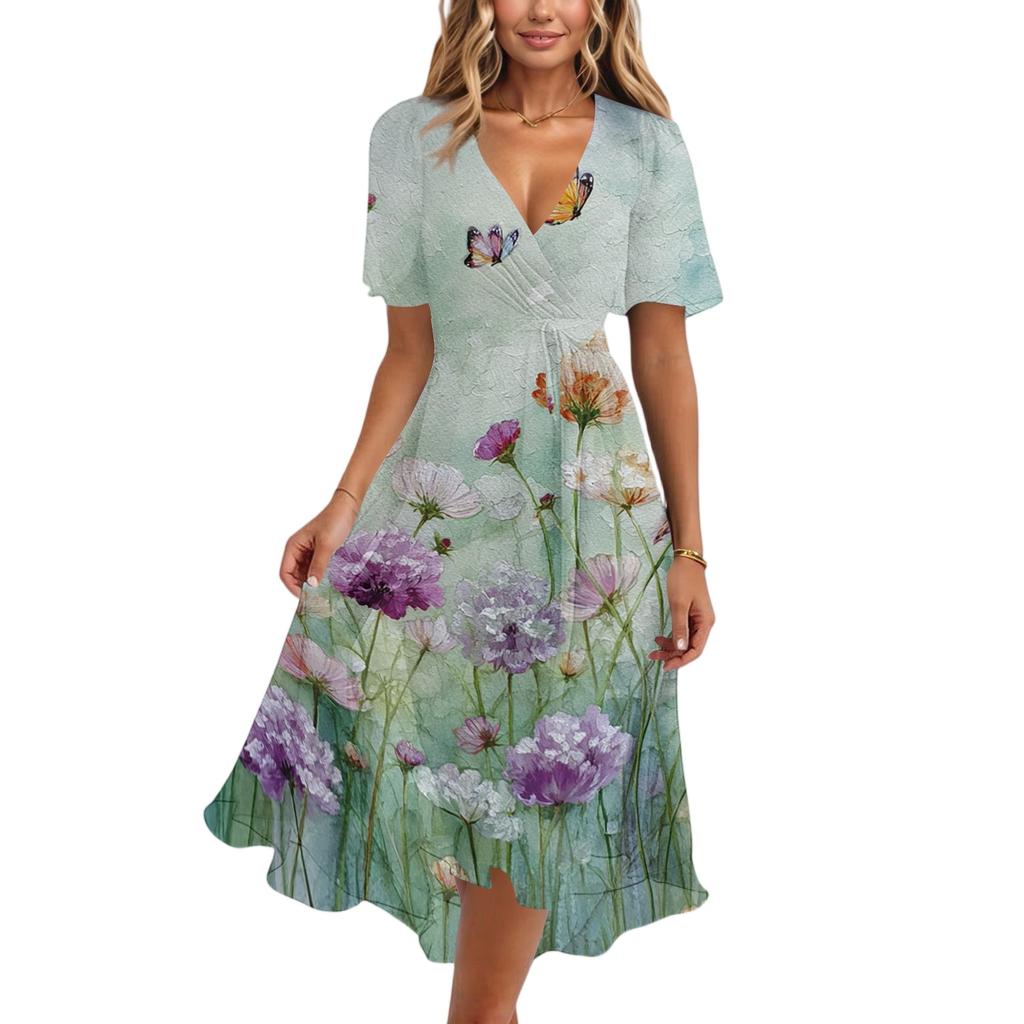 Women's Casual V Neck Short Sleeve Floral Print Dress Lightweight Summer Midi Dress with Elastic Waist and Flared Skirt for Daily Wear