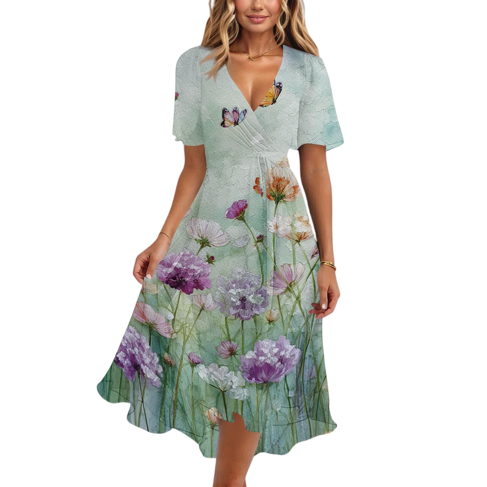 

Women s Casual V Neck Short Sleeve Floral Print Midi Dress Lightweight Flowy Summer Dress with Elastic Waist for Daily Wear XXL розовый
