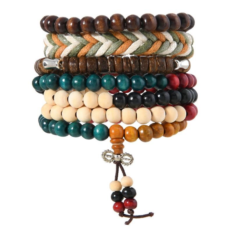 European, American Peace Tree Multi-piece Wooden Bead Beaded Bracelet Retro Simple Men's Personality Stacked Bracelet