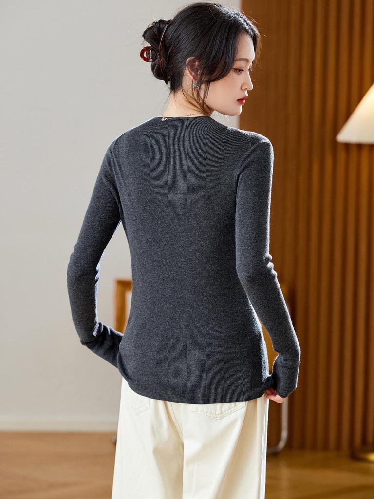 Women's Cotton Cocoon Half-High Collar Knitwear - Slim Fit Solid Color Base Layer Top (Spring/Autumn 2026)