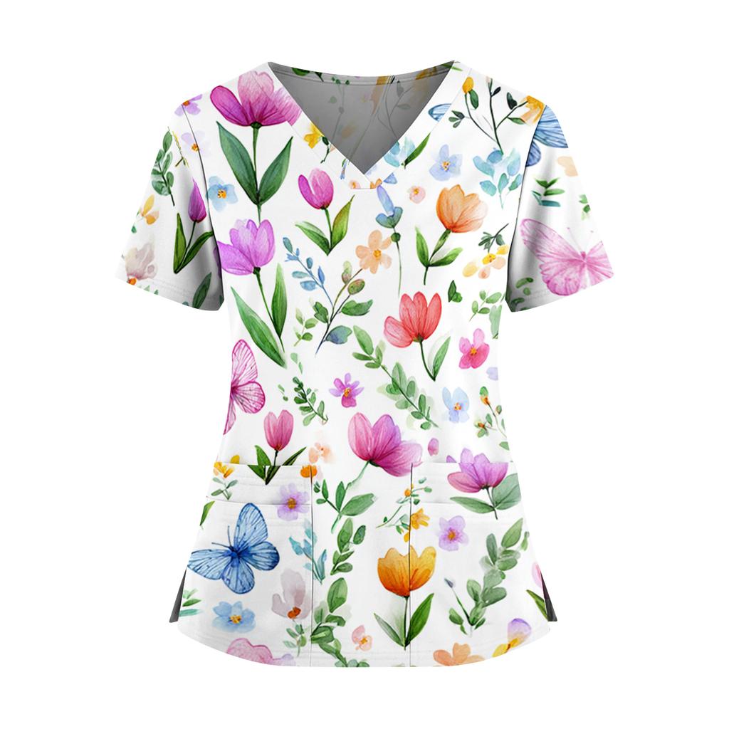 Women's floral print V-neck double pocket short-sleeved uniform/caregiver top with slits at the hem