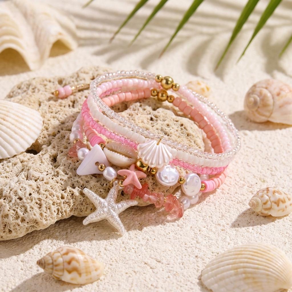 6Pcs/Set Starfish Shell Heishi Beads Bracelets for Women Boho Gravel Layered Elastic Bracelet Summer Beach Party Jewelry Gift