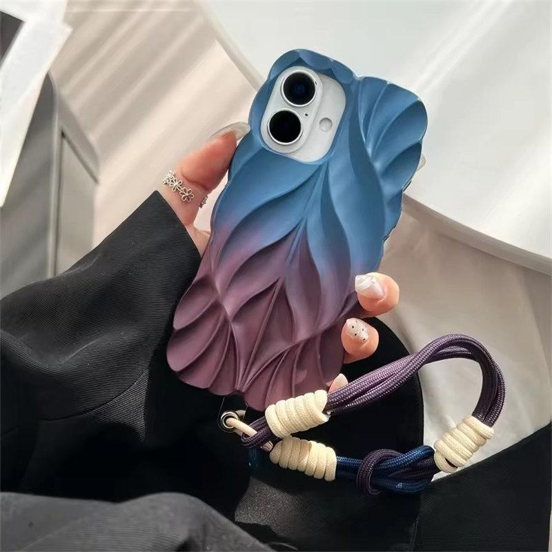 Gradient Pleated Leaf Texture Phone Case with Wrist Strap for iPhone 16 Pro Max 15 14 Plus 13 Shockproof Protectiv Back Cover