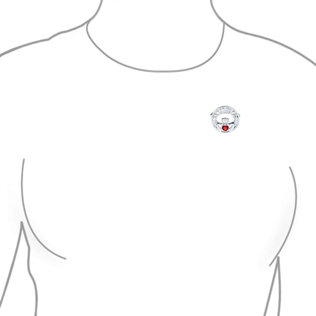 Traditional Irish Celtic Round Circle Claddach Brooch Red Heart Shape Made of Sterling Pin, CZ, .925 Silver.