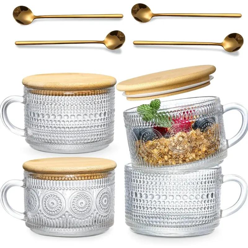4pcs/Set Vintage Coffee Mugs Containers with Bamboo Lids and Spoons 14oz Clear Embossed Glass Cups for Birthday Christmas Party